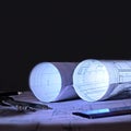 Architectural plans an office at dawn Royalty Free Stock Photo