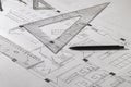 Architectural plans, pencil and ruler. Royalty Free Stock Photo