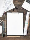 Architectural plans, pencil and ruler on the table. Royalty Free Stock Photo