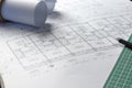 Architectural plans project drawing with blueprints rolls Royalty Free Stock Photo