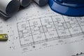 Architectural plans project drawing with blueprints rolls Royalty Free Stock Photo