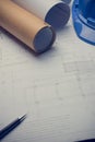 Architectural plans project drawing with blueprints rolls Royalty Free Stock Photo