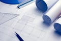 Architectural plans project drawing with blueprints rolls Royalty Free Stock Photo