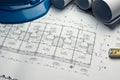 Architectural plans project drawing with blueprints rolls Royalty Free Stock Photo