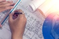 Architectural plans project drawing with blueprints rolls Royalty Free Stock Photo
