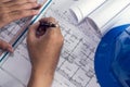 Architectural plans project drawing with blueprints rolls Royalty Free Stock Photo