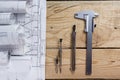 Architectural project, blueprints and divider compass on plans Engineering tools view from the top. Cop Royalty Free Stock Photo