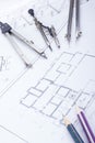 Architectural project, blueprints and divider compass on plans Engineering tools view from the top. Cop Royalty Free Stock Photo