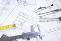 Architectural project, blueprints and divider compass on plans Engineering tools view from the top. Cop Royalty Free Stock Photo