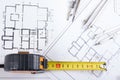 Architectural project, blueprints and divider compass on plans Engineering tools view from the top. Cop Royalty Free Stock Photo