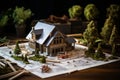 Architectural project concept with wooden house model next to detailed blueprints Royalty Free Stock Photo