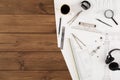 Architectural project, engineering tools on table. Royalty Free Stock Photo
