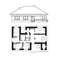 Architectural project of a house. Drawing of the facade and floor plan of the cottage. Vector realistic illustration.