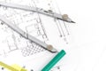 Architectural project, pair of compasses, rulers and calculator Royalty Free Stock Photo
