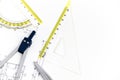 Architectural project, pair of compasses, rulers and calculator Royalty Free Stock Photo