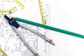 Architectural project, pair of compasses, rulers and calculator Royalty Free Stock Photo