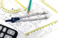 Architectural project, pair of compasses, rulers and calculator Royalty Free Stock Photo