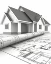 Architectural project showing house model on top of blueprints Royalty Free Stock Photo