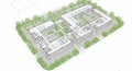 Architectural rendering of a building complex, featuring a large, rectangular layout Royalty Free Stock Photo