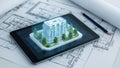 Architectural rendering of a building design, visualized through a tablet, lying atop building blueprints Royalty Free Stock Photo