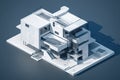 architectural rendering of contemporary building, with isometric and axonometric projections