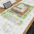 Architectural rendering depicts a modern, rectangular two-story building with orange