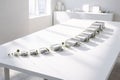 Architectural scale model of modern residential buildings arranged in growth sequence on minimal workspace table with soft Royalty Free Stock Photo