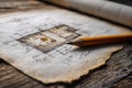 Architectural sketch of a building plan drawn on aged paper with a sharpened pencil resting on a rustic wooden surface creating a Royalty Free Stock Photo