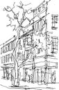 Architectural sketch of a business street with tree and buildings