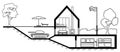 Architectural sketch cottage section with underground hidden tank in basement on white background