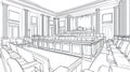 Courtroom Interior Sketch, Justice System, Law and Order Concept, Empty Court Chamber Line Art Royalty Free Stock Photo
