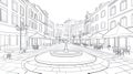 European Town Square Black and White Line Art with Fountain and Cafe Seating Royalty Free Stock Photo