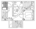 Architectural sketch flat plan top view with living rooms bathroom kitchen and lounge with furniture. Apartment With One Royalty Free Stock Photo