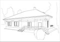 Architectural sketch of the house. Perspective view of the cottage. Black and white vector illustration Royalty Free Stock Photo