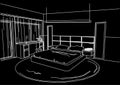 Architectural sketch interior modern bedroom black background