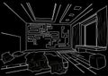 Architectural sketch interior modern bedroom black background Royalty Free Stock Photo