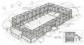 Architectural sketch of a large, rectangular structure designed for recreation. Royalty Free Stock Photo