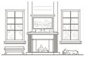 Architectural sketch living-room interior with chimney front view