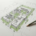 Architectural sketch of a modern building complex featuring several interconnected Royalty Free Stock Photo
