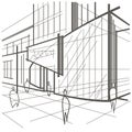 Architectural sketch modern building, fragment of street on white background