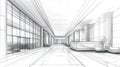 Modern Lobby Blueprint Design Spacious Hallway with Reception Desk and Large Windows Royalty Free Stock Photo