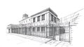 Line Art Sketch of a Prison with Barbed Wire and Gates Royalty Free Stock Photo
