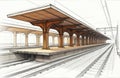 Architectural sketch train station with detailed structural elements, linear perspective. Illustration includes blueprint, Royalty Free Stock Photo