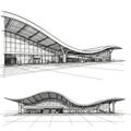 Architectural sketches showcasing a modern building design with a sweeping, wave- Royalty Free Stock Photo