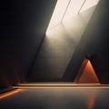 Architectural space with natural stone walls, orange underlighting, and skylight in the ceiling. Generative AI