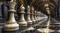 Architectural structures, where buildings consist of huge chess figures and card stripes, creat Royalty Free Stock Photo