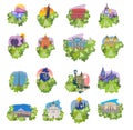 Architectural symbols of Kyiv, colorful icon illustrations