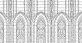 Architectural symmetric abstraction with pointed arches of a Gothic cathedral, stained glass window of an old church with patterns Royalty Free Stock Photo