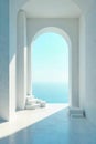 An architectural threshold leading to a serene horizon of endless ocean and clear sky bathed in soft sunlight. Generative AI Royalty Free Stock Photo