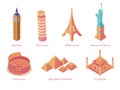 Architectural tourist attractions isometric. Old historical monuments Big Ben London leaning tower in Pisa.